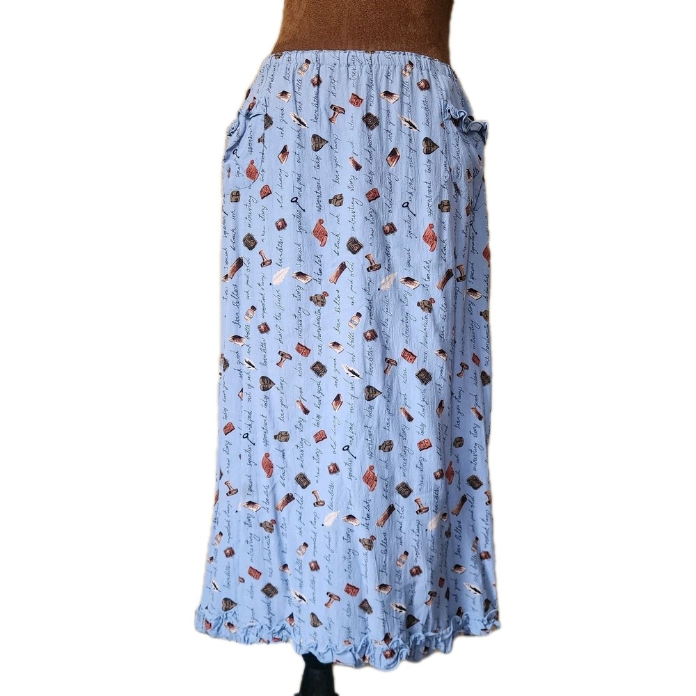 Vintage Skirt‎ Size L Novelty Print Love Letter Ruffle Hem Blue Stretch Pockets
